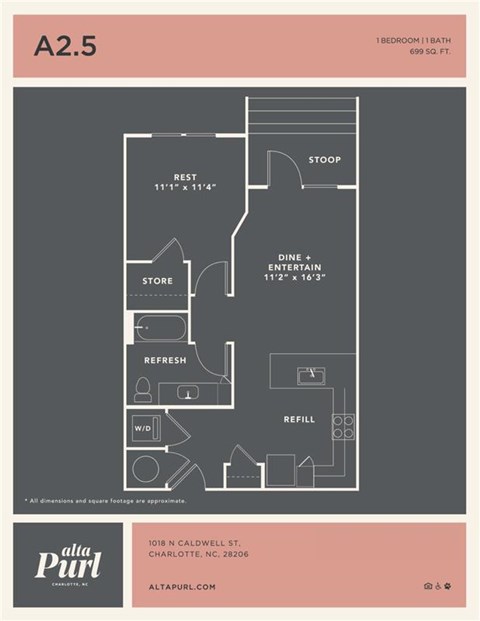 Floor plan for 1 bed, 1 bath, 699 sqft